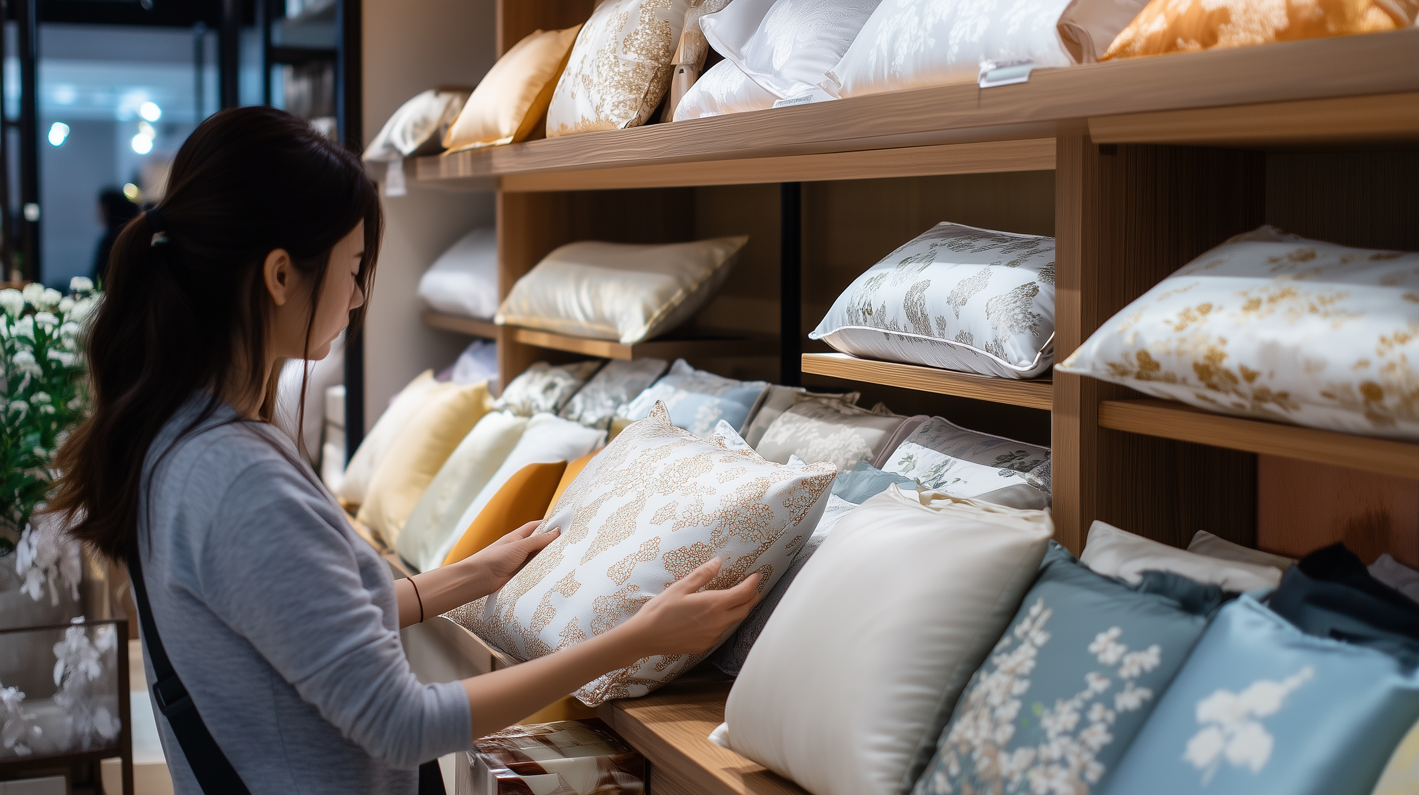 a client is selecting a mulberry silk pillowcase in the store.