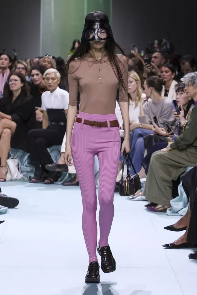 Mocha mousse top with lilac pants by Prada