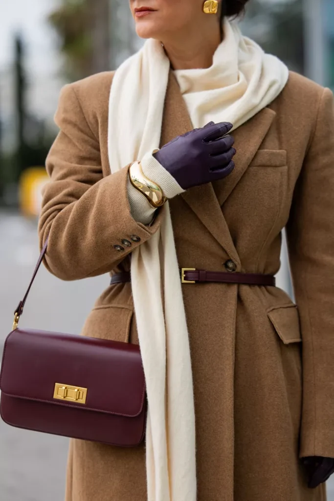 Mocha mousse coat with Burgundy handbag  